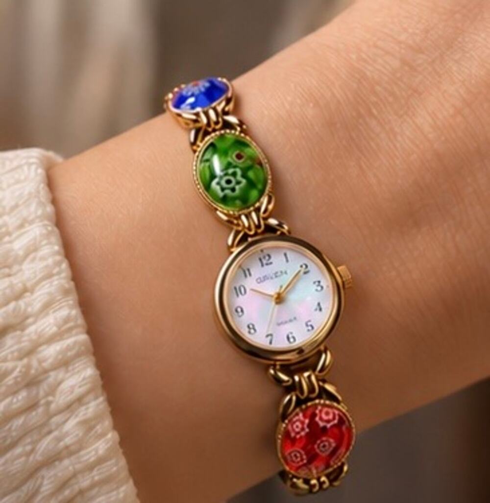 Vintage Gruen GR8797 Mother of Pearl face & millefiori style Cabochon Watch